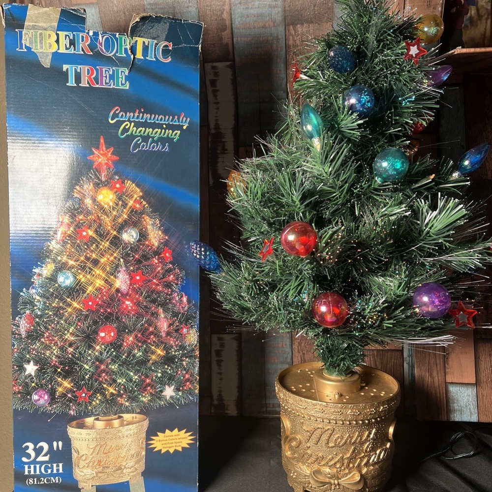 Vtg- 32" Fiber Optic Rotating Christmas Tree Color Changing Lights Lit Gold Base